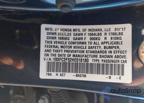 2017 Honda Civic Lx из США, поврежденный, VIN 19XFC2F52HE018180